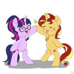 Size: 1200x1200 | Tagged: safe, artist:chautung, sci-twi, sunset shimmer, twilight sparkle, pony, unicorn, g4, bipedal, cute, equestria girls ponified, eyes closed, female, glasses, hoofbump, lesbian, mare, ponified, shimmerbetes, ship:sci-twishimmer, ship:sunsetsparkle, shipping, simple background, smiling, tongue out, twiabetes, unicorn sci-twi, white background