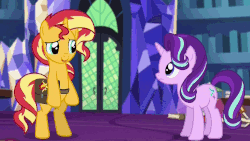 Size: 1152x648 | Tagged: safe, edit, screencap, starlight glimmer, sunset shimmer, pony, unicorn, equestria girls, g4, mirror magic, spoiler:eqg specials, animated, belt, bipedal, book, cropped, cute, dancing, female, gif, in the human world for too long, journal, looking over shoulder, loop, mare, saddle bag, smiling, stare, talking, turning, twilight's castle, twilight's castle library