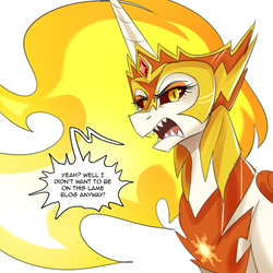 Size: 750x750 | Tagged: safe, artist:cosmalumi, daybreaker, alicorn, pony, g4, angry, dialogue, female, helmet, looking at you, mare, sharp teeth, simple background, solo, speech bubble, teeth, tsundere