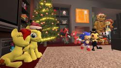 Size: 1280x720 | Tagged: safe, artist:sky chaser, sunset shimmer, oc, pony, equestria girls, g4, 3d, bendy, bendy and the ink machine, canon x oc, christmas, christmas tree, classic sonic, crossover, cuphead, cuphead (character), five nights at freddy's, freddy fazbear, gadget the wolf, golden freddy, hat, holiday, male, santa hat, sonic forces, sonic the hedgehog, sonic the hedgehog (series), source filmmaker, studio mdhr, tree