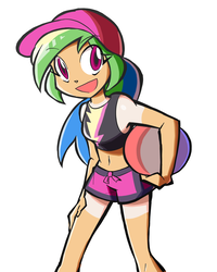 Size: 800x999 | Tagged: safe, artist:rvceric, rainbow dash, human, equestria girls, equestria girls specials, g4, my little pony equestria girls: better together, my little pony equestria girls: forgotten friendship, beach ball, belly button, clothes, female, hat, human coloration, humanized, midriff, multicolored hair, simple background, smiling, solo, swimming trunks, tan lines, tan skin