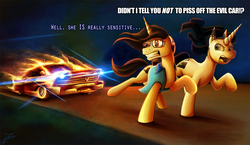 Size: 1250x725 | Tagged: safe, artist:jamescorck, oc, oc only, oc:movie slate, pony, unicorn, car, chase, christine, clothes, dialogue, female, fire, floppy ears, glasses, looking back, mare, plymouth, running, shirt, stephen king