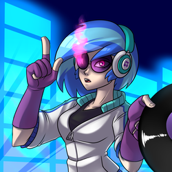 Size: 3500x3500 | Tagged: safe, artist:imskull, dj pon-3, vinyl scratch, human, equestria girls, g4, clothes, female, fingerless gloves, gloves, glowing eyes, headphones, high res, humanized, open mouth, pointing, record, solo, sunglasses