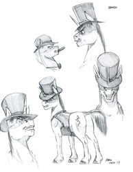 Size: 1100x1420 | Tagged: safe, artist:baron engel, oc, oc only, oc:bramble, pony, unicorn, butt, cigarette, evil, grayscale, hat, male, monochrome, pencil drawing, plot, simple background, sketch, stallion, top hat, traditional art, white background