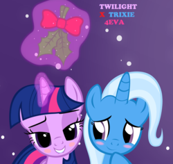 Size: 1620x1528 | Tagged: safe, artist:kuren247, artist:navitaserussirus, artist:themexicanpunisher, trixie, twilight sparkle, pony, unicorn, g4, female, holly, holly mistaken for mistletoe, lesbian, lip bite, magic, mare, ship:twixie, shipping, smiling, unicorn twilight