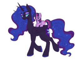Size: 950x747 | Tagged: safe, artist:lulubell, nightmare moon, princess luna, twilight sparkle, pony, unicorn, fanfic:the moon's apprentice, g4, alternate universe, cute, duo, fanfic, fanfic art, female, filly, filly twilight sparkle, mare, nightmare luna, ponies riding ponies, riding, simple background, smol, teacher and student, transparent background, twiabetes, twilight riding luna, unicorn twilight, unshorn fetlocks, younger