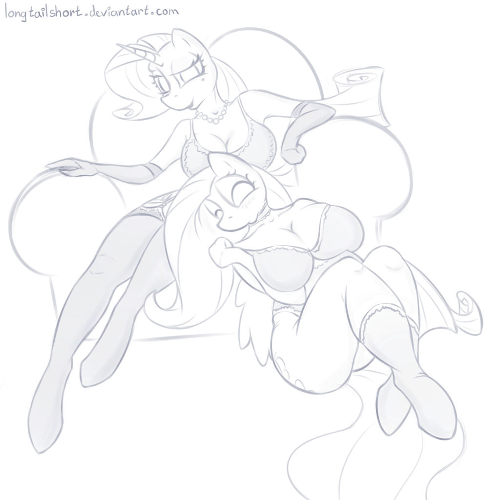 1609177 Suggestive Artist Longtailshort Fluttershy Rarity Anthro Unguligrade Anthro G4