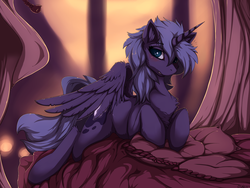 Size: 1280x960 | Tagged: safe, artist:blackkaries, princess luna, alicorn, pony, g4, bed, blushing, chest fluff, ear fluff, female, fluffy, looking at you, mare, messy mane, prone, s1 luna, solo, wings