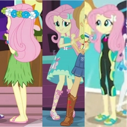 Size: 1763x1763 | Tagged: safe, screencap, applejack, fluttershy, rarity, equestria girls, equestria girls specials, g4, my little pony equestria girls: better together, my little pony equestria girls: forgotten friendship, shake your tail, clothes, feet, female, fluttershy's wetsuit, geode of fauna, grass skirt, hula, hulashy, legs, magical geodes, sandals, skirt, swimsuit, wetsuit