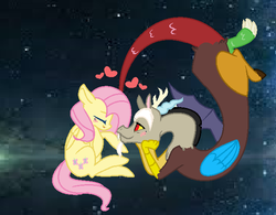 Size: 600x468 | Tagged: safe, artist:rose-moonlightowo, discord, fluttershy, pony, g4, female, heart, male, ship:discoshy, shipping, space, straight