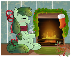 Size: 2500x2000 | Tagged: safe, artist:xwhitedreamsx, oc, oc only, earth pony, pony, bow, christmas, christmas stocking, commission, eyes closed, female, fireplace, hair bow, high res, holiday, mare, merry christmas, mug, solo, tail bow