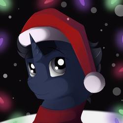 Size: 2015x2015 | Tagged: safe, artist:conrie, oc, oc only, oc:slashing prices, pony, unicorn, bust, christmas, christmas lights, clothes, hat, hearth's warming eve, high res, holiday, lights, male, night, portrait, santa hat, scarf, snow, snowfall, stallion