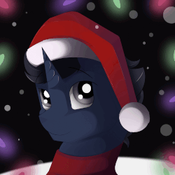 Size: 1000x1000 | Tagged: safe, alternate version, artist:conrie, oc, oc only, oc:slashing prices, pony, unicorn, animated, bust, christmas, christmas lights, clothes, gif, hat, hearth's warming eve, holiday, lights, male, night, portrait, santa hat, scarf, snow, snowfall, stallion