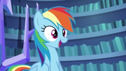 Size: 1920x1080 | Tagged: safe, screencap, rainbow dash, pegasus, pony, scare master, book, bookshelf, cute, dashabetes, female, folded wings, happy, indoors, library, mare, open mouth, sitting, smiling, solo, twilight's castle