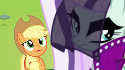 Size: 1280x720 | Tagged: safe, screencap, applejack, coloratura, earth pony, pony, g4, the mane attraction, angry, applejack's hat, countess coloratura, cowboy hat, female, frown, hat, looking away, looking up, mare, outdoors, sad