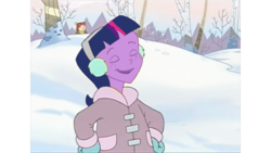 Size: 1366x768 | Tagged: safe, edit, twilight sparkle, human, g4, clothes, earmuffs, eyes closed, freckles, humanized, jacket, mittens, smiling, snow, tara strong, the legend of frosty the snowman, voice actor joke