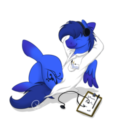 Size: 2000x2000 | Tagged: safe, artist:rudazmora, oc, oc:skaj, butterfly, pegasus, pony, arm behind head, blue, clothes, cutie mark, doctor, headphones, high res, icon, lab coat, male, music, relaxing, shadow, simple background, stallion, stethoscope, sticker, transparent background