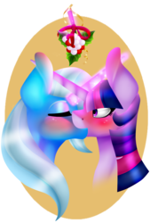 Size: 1108x1637 | Tagged: safe, artist:princessara0, trixie, twilight sparkle, pony, unicorn, g4, bust, duo, female, kiss on the lips, kissing, lesbian, mistleholly, mistletoe, ship:twixie, shipping, simple background, transparent background