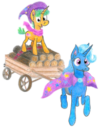 Size: 1584x2032 | Tagged: safe, artist:pony-from-everfree, snails, trixie, g4, cart, clothes, firewood, scarf, traditional art, wood