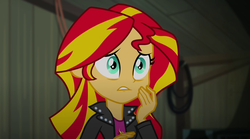 Size: 1280x714 | Tagged: safe, screencap, sunset shimmer, equestria girls, g4, my little pony equestria girls: rainbow rocks, clothes, female, indoors, scared, solo