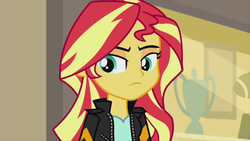 Size: 1280x720 | Tagged: safe, screencap, sunset shimmer, equestria girls, g4, my past is not today, female, frown, indoors, looking away, solo, trophy