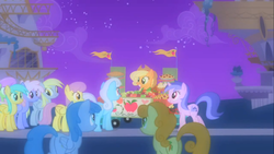 Size: 1366x768 | Tagged: safe, screencap, applejack, carrot top, derpy hooves, golden harvest, lightning bolt, linky, merry may, parasol, rainbowshine, sea swirl, seafoam, shoeshine, sunshower raindrops, white lightning, earth pony, pegasus, pony, unicorn, g4, the best night ever, apple, building, butt, canterlot, cloud, female, food, grin, mare, night, outdoors, pie, plot, sky, smiling, standing, stars