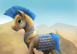 Size: 1024x724 | Tagged: safe, artist:xormak, oc, oc only, earth pony, pony, armor, chainmail, desert, male, royal guard, scenery, solo, stallion, walking