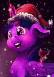 Size: 1280x1811 | Tagged: safe, artist:xormak, twilight sparkle, alicorn, pony, g4, christmas, cocktail glass, female, glass, glowing horn, hat, holiday, horn, magic, mare, open mouth, santa hat, snow, snowfall, solo, telekinesis, twilight sparkle (alicorn)