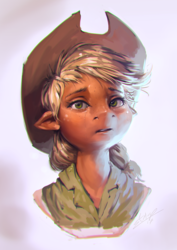 Size: 765x1080 | Tagged: safe, artist:assasinmonkey, applejack, earth pony, anthro, g4, ambiguous facial structure, bust, clothes, cowboy hat, crying, digital painting, female, freckles, hat, portrait, realistic, signature, simple background, solo, uncanny valley, white background
