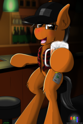 Size: 3000x4500 | Tagged: safe, artist:raptorpwn3, oc, oc only, oc:unionbreak, earth pony, pony, alcohol, bar, beer, blushing, cheers, clothes, drinking, drunk, happy, jacket, male, sitting, solo, stallion, vest