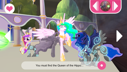 Size: 1136x640 | Tagged: safe, playdate digital, screencap, princess cadance, princess celestia, princess luna, tempest shadow, alicorn, pony, g4, my little pony: the movie, my little pony: the movie (app), female, heart, horrified, mare, petrification, shrunken pupils