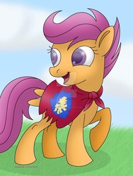 Size: 1024x1365 | Tagged: safe, artist:lavenderrain24, scootaloo, pegasus, pony, g4, cape, clothes, cloud, cmc cape, female, filly, looking back, raised hoof, sky, smiling, solo, watermark