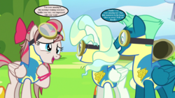 Size: 1280x720 | Tagged: safe, edit, edited screencap, editor:korora, screencap, angel wings, sky stinger, vapor trail, pegasus, pony, g4, top bolt, clothes, cute, diawinges, female, hair bow, implied spitfire, male, mare, speech bubble, stallion, trio, uniform, wonderbolt trainee uniform