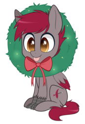Size: 1583x2284 | Tagged: safe, artist:higglytownhero, oc, oc only, oc:velvet quill, hippogriff, 2018 community collab, derpibooru community collaboration, g4, :p, bow, christmas wreath, cute, ocbetes, silly, simple background, tongue out, transparent background, wreath, ych result