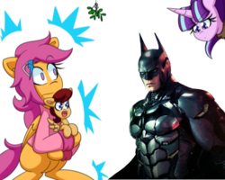 Size: 499x400 | Tagged: safe, artist:jake heritagu, scootaloo, starlight glimmer, oc, oc:lightning blitz, pegasus, pony, unicorn, comic:ask motherly scootaloo, g4, baby, baby pony, batman, cloak, clothes, colt, exploitable meme, female, hairpin, holding a pony, male, meme, mistletoe, mistletoe meme, mother and son, motherly scootaloo, offspring, older, older scootaloo, parent:rain catcher, parent:scootaloo, parents:catcherloo, simple background, sweatshirt, transparent background