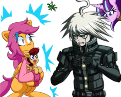 Size: 540x431 | Tagged: safe, artist:jake heritagu, scootaloo, starlight glimmer, oc, oc:lightning blitz, pegasus, pony, unicorn, comic:ask motherly scootaloo, g4, baby, baby pony, cloak, clothes, colt, danganronpa, danganronpa v3, exploitable meme, female, hairpin, holding a pony, male, meme, mistletoe, mistletoe meme, mother and son, motherly scootaloo, offspring, older, older scootaloo, parent:rain catcher, parent:scootaloo, parents:catcherloo, simple background, sweatshirt, transparent background