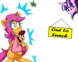 Size: 540x432 | Tagged: safe, artist:jake heritagu, scootaloo, starlight glimmer, oc, oc:lightning blitz, pegasus, pony, unicorn, comic:ask motherly scootaloo, g4, baby, baby pony, cloak, clothes, colt, exploitable meme, female, hairpin, holding a pony, male, meme, mistletoe, mistletoe meme, mother and son, motherly scootaloo, offspring, older, older scootaloo, parent:rain catcher, parent:scootaloo, parents:catcherloo, sign, simple background, sweatshirt, transparent background