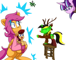 Size: 1280x1024 | Tagged: safe, artist:jake heritagu, scootaloo, starlight glimmer, oc, oc:jazz, oc:lightning blitz, pegasus, pony, unicorn, comic:ask motherly scootaloo, g4, 3d, antlers, baby, baby pony, cloak, clothes, colt, exploitable meme, female, hairpin, holding a pony, ladder, male, meme, mistletoe, mistletoe meme, mother and son, motherly scootaloo, offspring, older, older scootaloo, parent:rain catcher, parent:scootaloo, parents:catcherloo, red nose, reindeer antlers, simple background, sweatshirt, transparent background