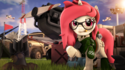 Size: 2560x1440 | Tagged: safe, artist:redaceofspades, oc, oc only, oc:strawberry cheesecake, 3d, aircraft, atomic bomb, cigarette, clothes, dirty, glasses, grass, hoof hold, military base, nuclear weapon, phone, plane, scenery, source filmmaker, weapon