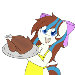 Size: 1000x1000 | Tagged: safe, oc, oc only, oc:breezy, bird, turkey, apron, bipedal, bow, clothes, cooked, dead, food, hair bow, holiday, patreon, patreon reward, ponies eating meat, simple background, thanksgiving, transparent background, tray