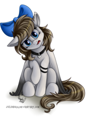 Size: 1280x1810 | Tagged: safe, artist:julunis14, oc, oc only, pegasus, pony, blue eyes, bow, brown mane, collar, confused, cute, female, gray coat, hair bow, head tilt, heart, looking at you, mare, raised hoof, simple background, sitting, solo, transparent background