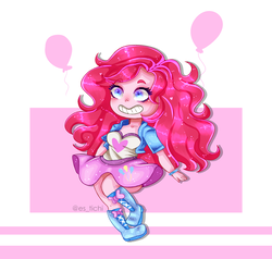 Size: 2712x2584 | Tagged: safe, artist:moontichi, pinkie pie, equestria girls, g4, boots, chibi, clothes, cute, female, high res, no more ponies at source, shoes, skirt, skirt lift, smiling