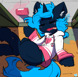 Size: 1520x1500 | Tagged: safe, artist:bbsartboutique, oc, oc only, oc:rescue pony, changeling, changeling queen, blue changeling, changeling oc, changeling queen oc, clothes, cute, doorway, energy drink, female, hoodie, ocbetes, sleeping