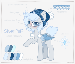 Size: 3536x3000 | Tagged: safe, artist:hawthornss, oc, oc only, oc:silver puff, oc:snow puff, bat pony, pony, cute, cute little fangs, ear fluff, fangs, hat, high res, looking at you, reference sheet, solo