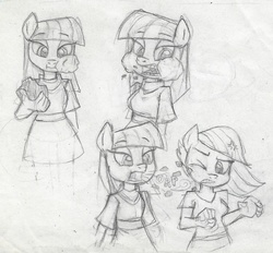 Size: 1271x1180 | Tagged: safe, artist:dertikleen, limestone pie, maud pie, earth pony, pony, anthro, g4, burp, duo, duo female, eating, female, lithophage, pie sisters, rock, siblings, sisters, traditional art