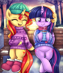Size: 1300x1500 | Tagged: safe, artist:tcn1205, sunset shimmer, twilight sparkle, alicorn, pony, unicorn, g4, bench, both cutie marks, clothes, coffee, cute, duo, earmuffs, eyes closed, female, happy, mare, open mouth, scarf, shimmerbetes, shoes, sitting, sitting lyra style, smiling, snow, sweater, tree, twiabetes, twilight sparkle (alicorn)