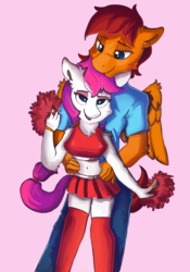 Size: 1953x2784 | Tagged: safe, artist:saxopi, oc, oc only, oc:freya, oc:lucky, anthro, cheerleader outfit, clothes, cute, frecky, jeans, pants, pom pom, shirt, socks, thigh highs