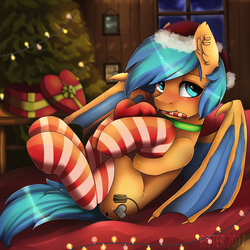 Size: 3000x3000 | Tagged: safe, artist:ritter, oc, oc only, oc:bluemist, bat pony, pony, bat pony oc, christmas, clothes, cute, ear fluff, fangs, hat, high res, holiday, looking at you, male, night, present, santa hat, socks, solo, stallion, striped socks, tree