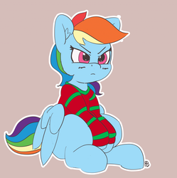 Size: 1280x1283 | Tagged: safe, artist:pabbley, rainbow dash, pony, g4, 30 minute art challenge, christmas sweater, clothes, ear fluff, female, frown, mare, pouting, rainbow dash always dresses in style, simple background, sitting, solo, sweater, unamused