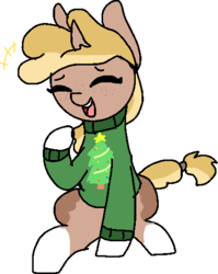 Size: 408x512 | Tagged: safe, artist:nootaz, oc, oc only, oc:nora swirl, pony, unicorn, christmas sweater, clothes, simple background, sweater, tail wrap, transparent background